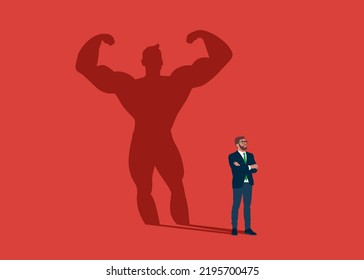 Businessman dreams of becoming a bodybuilding. Confident handsome young man standing bodybuilding shadow concept illustration.