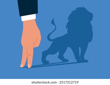 Businessman dreams of becoming a lion. Arm standing shadow of a lion reflects leadership. Modern vector illustration in flat style