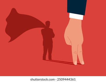 Businessman dreams of becoming a superhero. Confident arm standing superhero shadow. Modern vector illustration in flat style