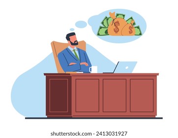 Businessman dreams of big money. Male manager or boss sitting at desk with laptop, dreaming about financial growth, thinking bubble. Success and wealth. Cartoon isolated vector concept