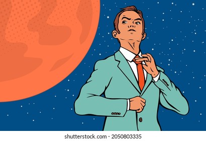 A businessman dreams of flying to the planet Mars. Career, business promotion and space exploration. Vector cartoon pop art illustration