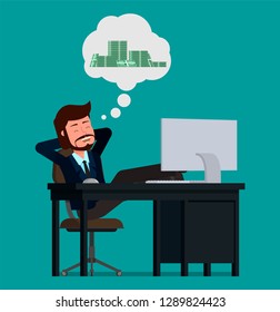 Businessman dreams of a pile of money. Vector illustration, flat design drawing.