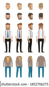 Businessman dresscode, collection of vector cartoon character's head, faces, different style of clothes, costumes of businessperson, adult office worker, views of stylish man from front, back sides