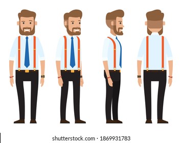 Businessman dresscode, collection of vector cartoon character, businessperson wearing black trousers, white shirt and suspenders, adult office worker, views of stylish man from front, back sides
