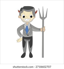 Businessman dressed as a devil holding a pitchfork, evil boss or corporate greed concept