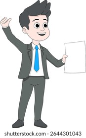 businessman, dressed in a gray suit and blue tie, giving a thumbs up gesture while holding a blank document, representing a successful or approved tax report