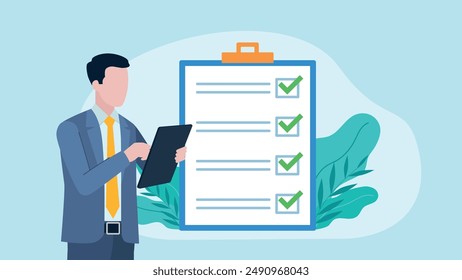 businessman dressed in a suit holds a tablet in his hand. Next to the drawing there is a completed survey with questions. All checkboxes are correctly selected in green. Flat design vector.