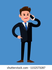 
Businessman dressed in suit, talking on the mobile phone. Confident business man standing up straight. Vector illustration. Flat design.