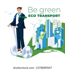 Empresario vestido de traje con rueda de aire. El concepto de transporte ecológico y protección del medio ambiente. Ciudad verde atrás. Ilustración plana del vector