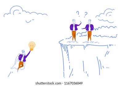 businessman dressed superhero cloak flying up bring light lamp innovation creative help colleagues standing cliff question marks concept successful team work cooperation character sketch doodle