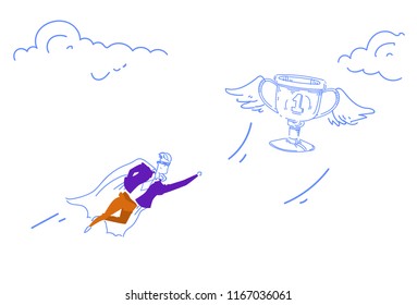 businessman dressed superhero cloak flying up winner trophy cup first place concept successful champion strategy team leader character sketch doodle horizontal vector illustration