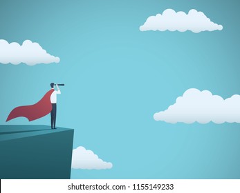 Businessman dressed as superhero vector concept. Businessman with cape and telescope standing on cliff. Symbol of power, strength, leadership, success, vision. Eps10 vector illustration.