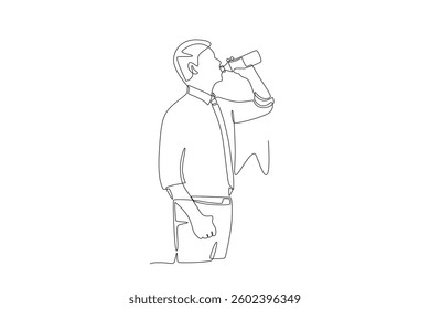 Businessman drinking bottled mineral water. Drinking water concept one-line drawing