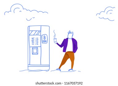 businessman drinking coffee break standing vending machine relax concept full length doodle sketch horizontal vector illustration