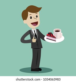 Businessman drinking coffee with a cake during the break - vector illustration