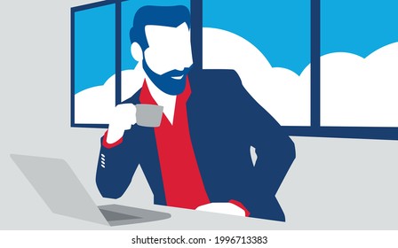 Empresario tomando café frente a una ventana