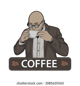 Businessman drinking coffee. Man holding cup, good for cafeteria signage.