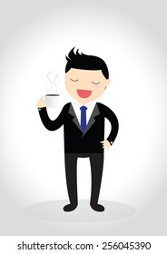 Businessman drinking coffee, relaxing with coffee cup in bright office