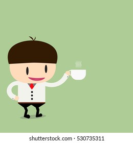 Businessman drinking coffee, tea break time in bright office