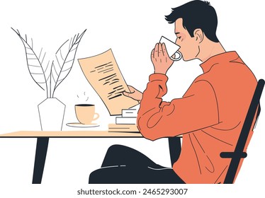 A businessman drinking coffee while reading documents, business break, professional reading, office coffee, one continues line art vector illustration