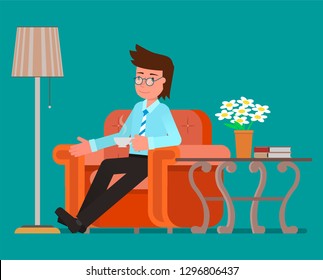Businessman drinking coffee while sitting in a chair. Flat character vector illustration.