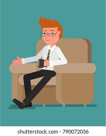 Businessman drinking coffee while sitting in a chair. Vector illustration. Flat design style.