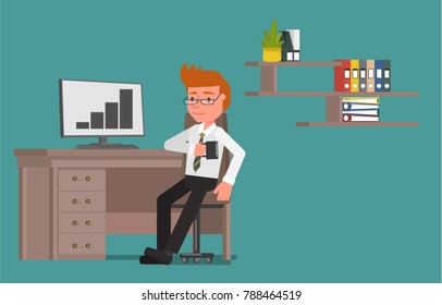 Businessman drinking coffee at work. Vector illustration. Flat design style.