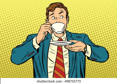 Businessman drinking Cup of coffee looking sideways, pop art retro vector illustration