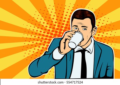 Businessman drinking Cup of coffee looking sideways. Vector illustration in pop art retro comic style.