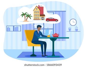 Businessman drinking tea and dreaming at home. Man think about house, car and vacation on the sea. Male character dream about wealth. Cartoon flat vector illustration isolated on white background