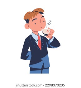 Businessman drinking tea.Young man character in suit with cup of tea cartoon vector illustration