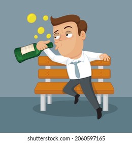 A businessman drinking whisky on a park bench, Concept of alcoholism, illustration vector cartoon
