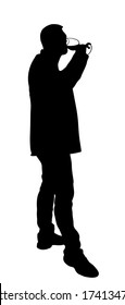Businessman drinking wine vector silhouette isolated on white. Handsome man toasting, break relaxation after work. Boy drink beer in bar. Social live success celebration with beverage. Nightlife quest