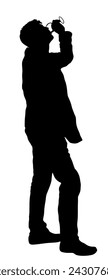 Businessman drinking wine vector silhouette isolated on white. Handsome elegant man toasting, break relaxation after work. Boy drink beer in bar. Social live celebration with beverage. Nightlife quest