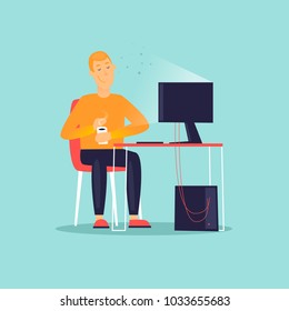 Businessman drinks coffee. Business characters. Workplace. Office life. Flat design vector illustration.