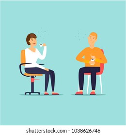 Businessman drinks coffee. Dinner. Business characters. Workplace. Office life. Flat design vector illustration.