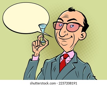 Businessman drinks from a glass. Cake celebration holiday