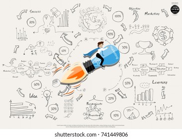 

Businessman - Drive Rocket Lamp , Text various -  modern Idea and Concept Vector illustration Business Infographic template with icon,arrow,world,Text 10%-100%.