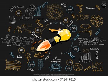 Businessman - Drive Rocket Lamp , Text various -  modern Idea and Concept Vector illustration Business Infographic template with icon,arrow,world,Text 10%-100%.