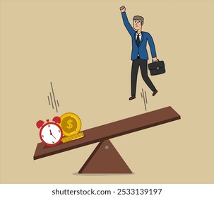 businessman driven by seesaw, time and money driving businessman, executive illustration