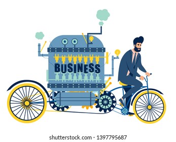businessman drives a business car, bicycle. In minimalist style Cartoon flat Vector Illustration, isolated on white background