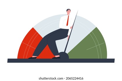 The businessman drives the speedometer needle into the green zone. The man is exerting maximum effort. Vector isolated illustration.