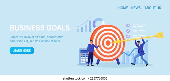 Businessman driving arrow to goal. Person sets and achieves goals. Business success achievement. Smart solution to achieve mission. Man aiming to target and hitting it. Vector design