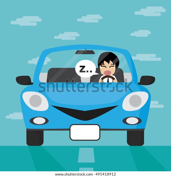 Businessman driving in blue car with sleepy\
enotion, Businessman Vector\
illustration.