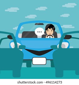 Businessman driving in blue car with traffic jam, Businessman Vector illustration.