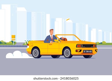 Businessman driving cabriolet car on road across suburb along cityscape buildings male 