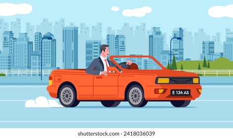 Businessman driving cabriolet car on road across suburb along cityscape buildings male 