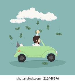 Businessman Driving Car Catching Money , Eps10 Vector Format