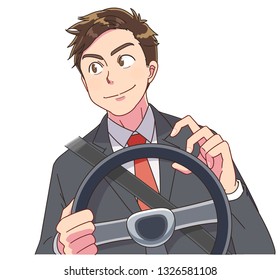 A businessman is driving a car. He is staring at the distance with a smile.