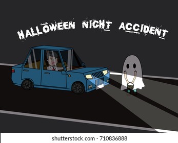 Businessman driving car is hitting Halloween children costume with shock. Flat vector illustration design.